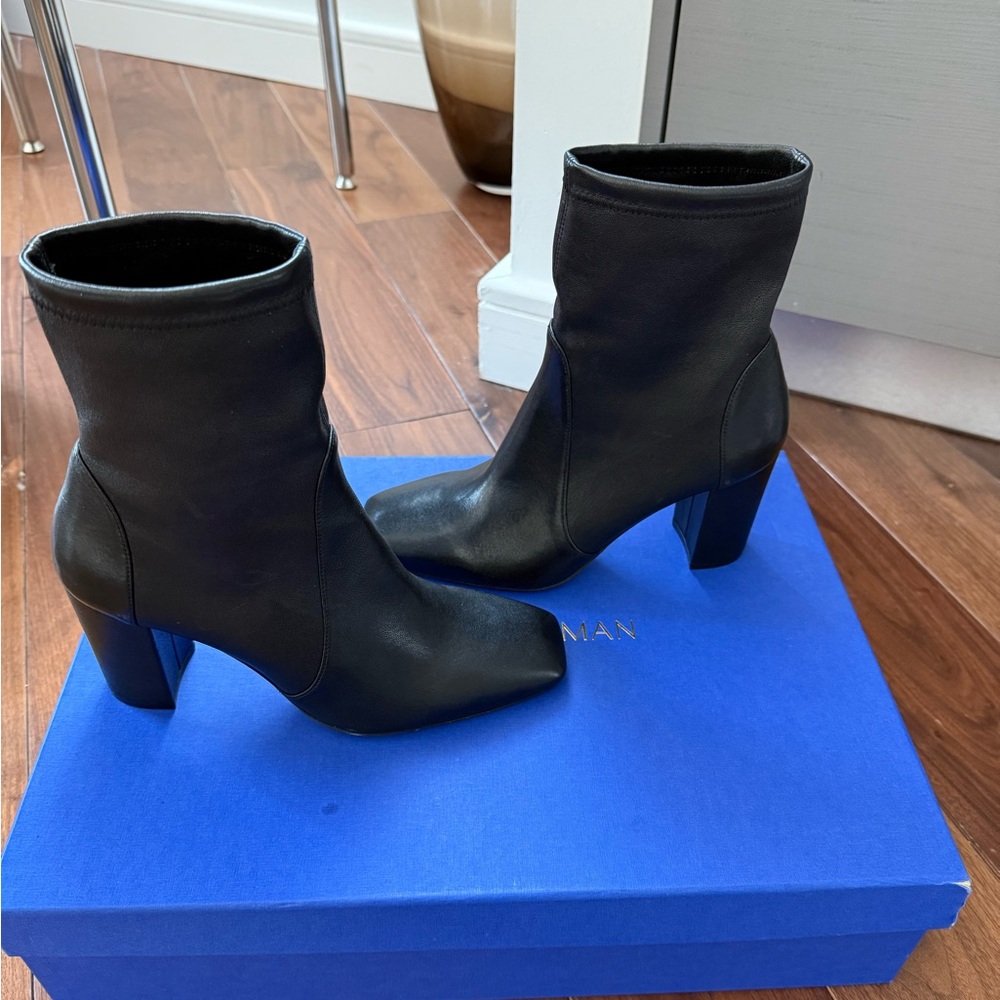 Stuart Weitzman Yuliana Leather Sock Boots, Black, Size 7.5